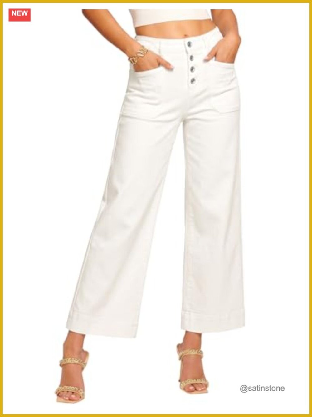 Wide Leg Cropped Jeans High Waisted Button Fly Patch Pocket Stretchy Denim Pants